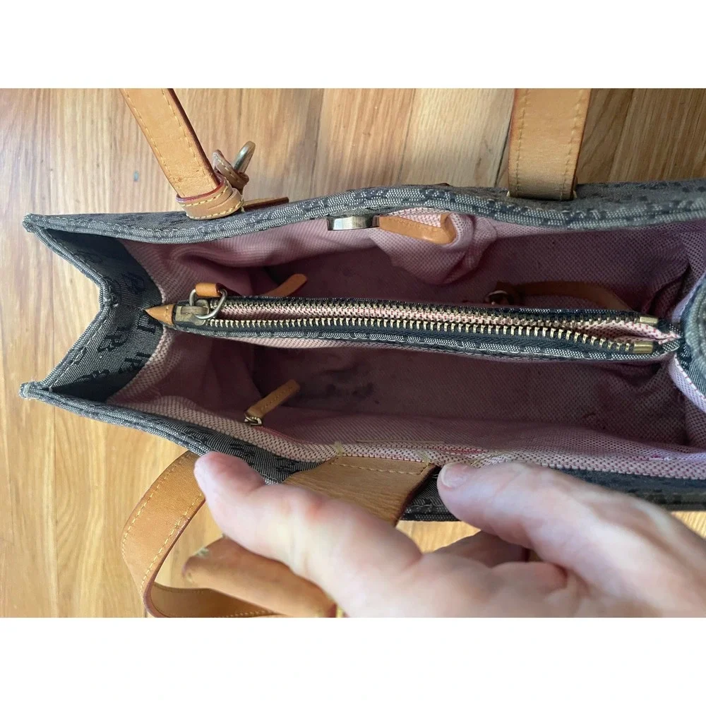 Dooney & Bourke Gray Canvas East/West Shopper Monogram‎ Tote Bag Tan Leather EUC